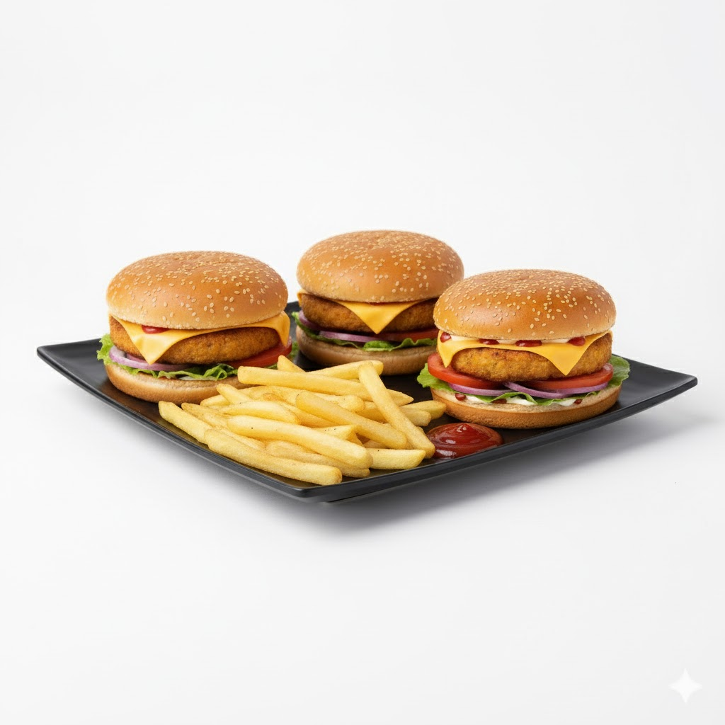 3 Veg Cheese Burger + Fries